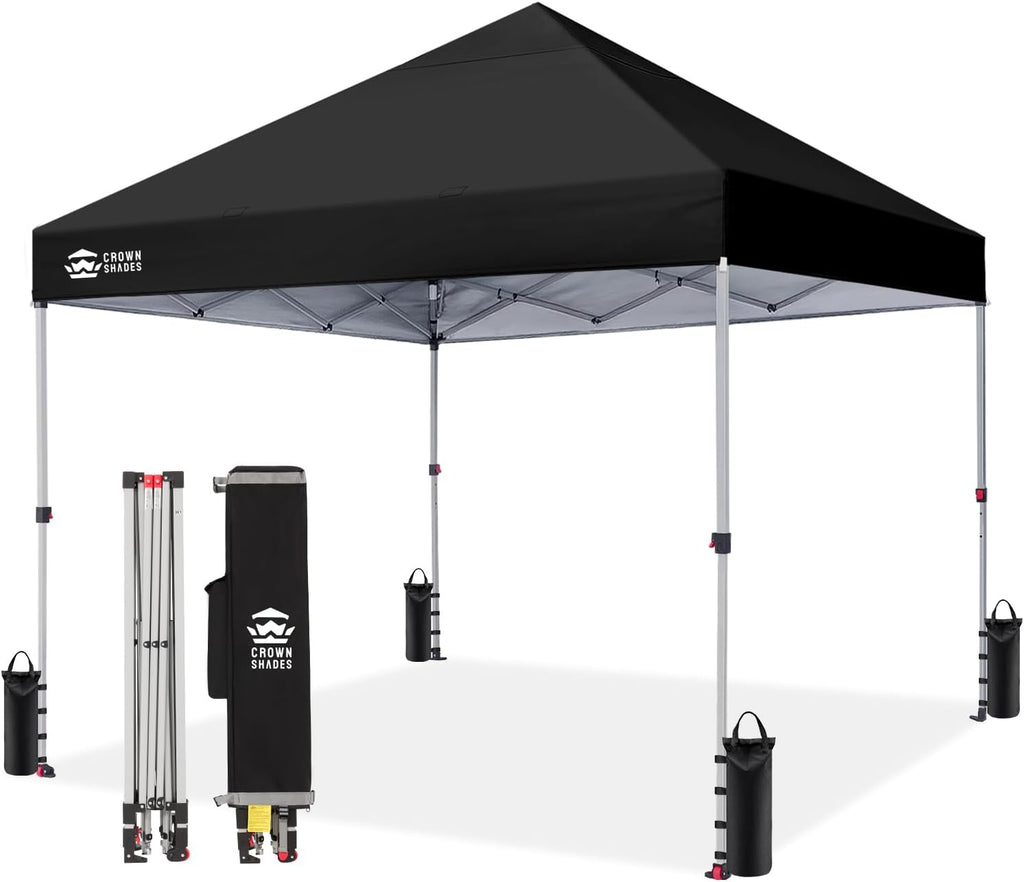 CROWN SHADES 8x8 Pop Up Canopy, Patented Center Lock One Push Instant Popup Outdoor Canopy Tent, Newly Designed Storage Bag, 8 Stakes, 4 Ropes, Silver-Coated Black