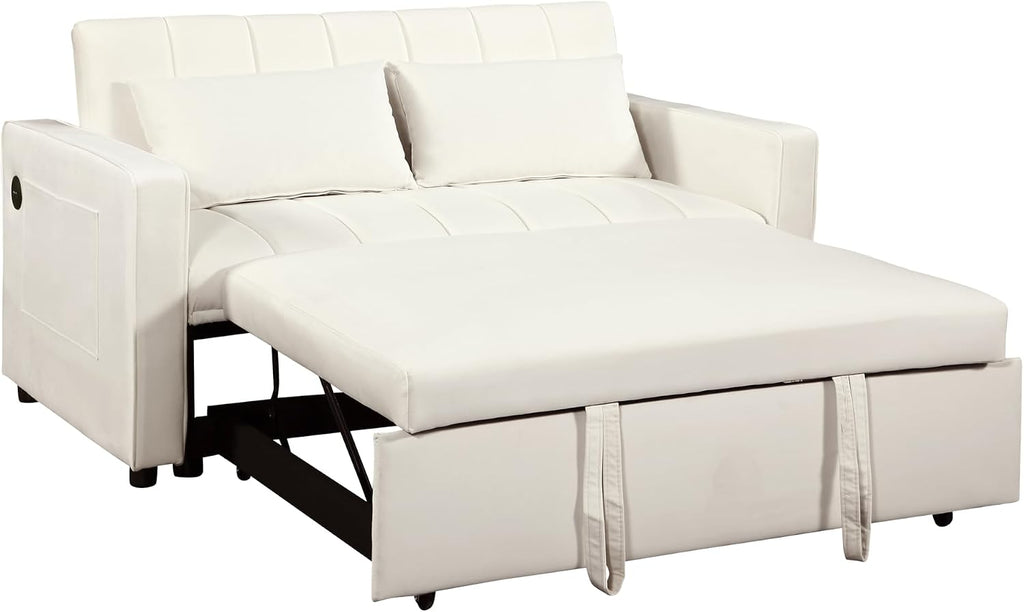 63.8' Queen Sleeper Sofa Bed,3-in-1 Convertible Sofa Bed with Phone Holder,USB Port,Velvet Pull Out Bed with Side Storage,Recliner Loveseat Sofa for Living Room,Small Space (Off-White)