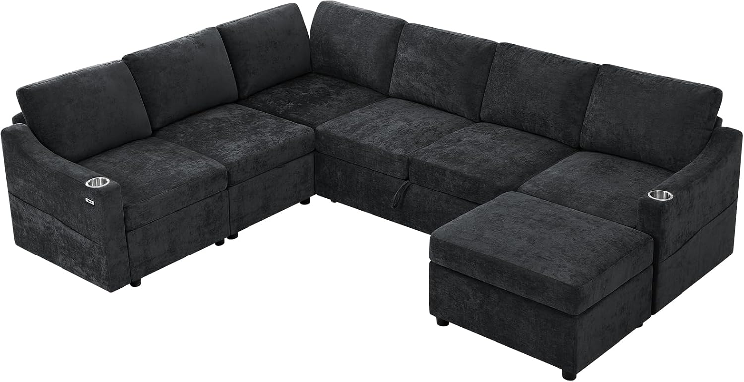 116' Chenille Modular Sofa Bed w/Adjustable Backrests, U-Shape Sleeper Sofa w/USB Ports & Storage Space, Convertible Corner Sectional Couch w/Pull Out Bed for House, Living Room, Black