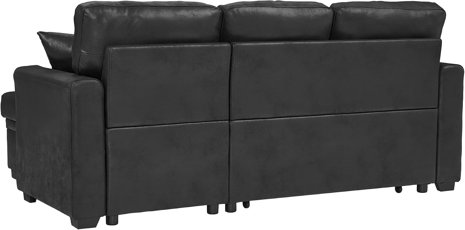 71' L-Shaped Couch with Pull Out Bed, Modern Sofa Bed Couch with Storage, Foil Fabric Convertible Sleeper Sofa, Multi-Functional Sectional Couches for Living Room, Apartment, Black