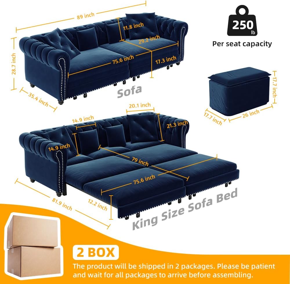 89'' Pull Out Sofa Bed King, Chesterfield Velvet Sleeper Sofa, Convertible L-Shaped Futon Couch, Tufted Back, 4 Pillows, Ottoman, Deep Seat Loveseat Couches for Living Room, Apartment, Blue