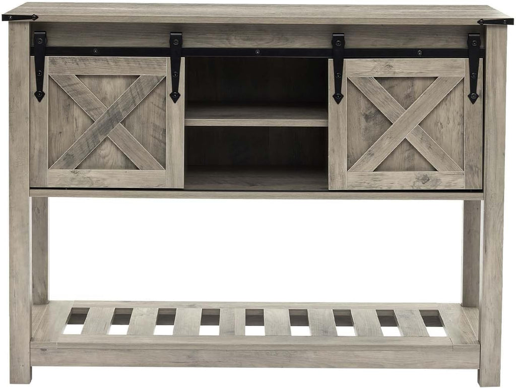 Grey Farmhouse Entryway Table, Rustic Hallway Table with Storage Shelf, Sofa Table with Sliding Barn Doors for Hallway, Entryway, Living Room, Foyer