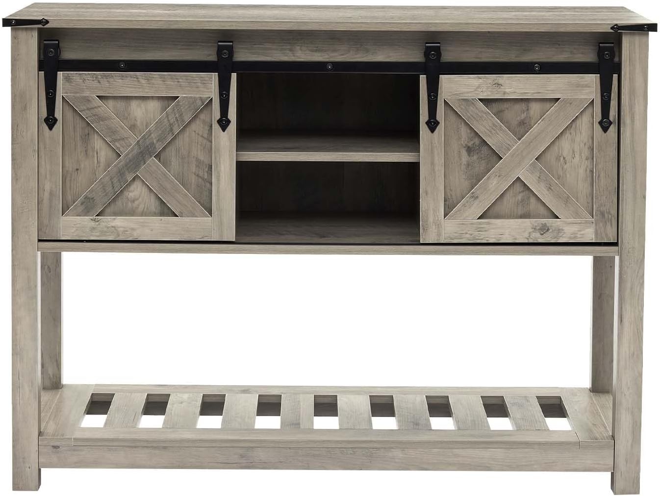 Grey Farmhouse Entryway Table, Rustic Hallway Table with Storage Shelf, Sofa Table with Sliding Barn Doors for Hallway, Entryway, Living Room, Foyer