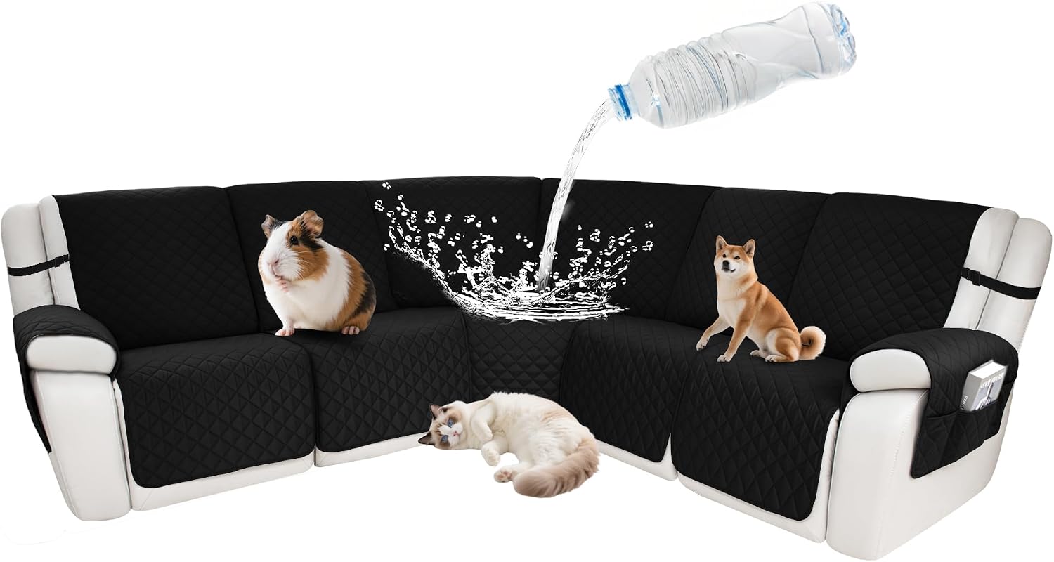Waterproof Sectional Reclining Couch Covers L Shaped Recliner Sectional Sofa Cover 7 Piece Non Slip Washable Corner Recliner Slipcover Set for Pet Dog (5 Seater Cover, Charcoal Black)