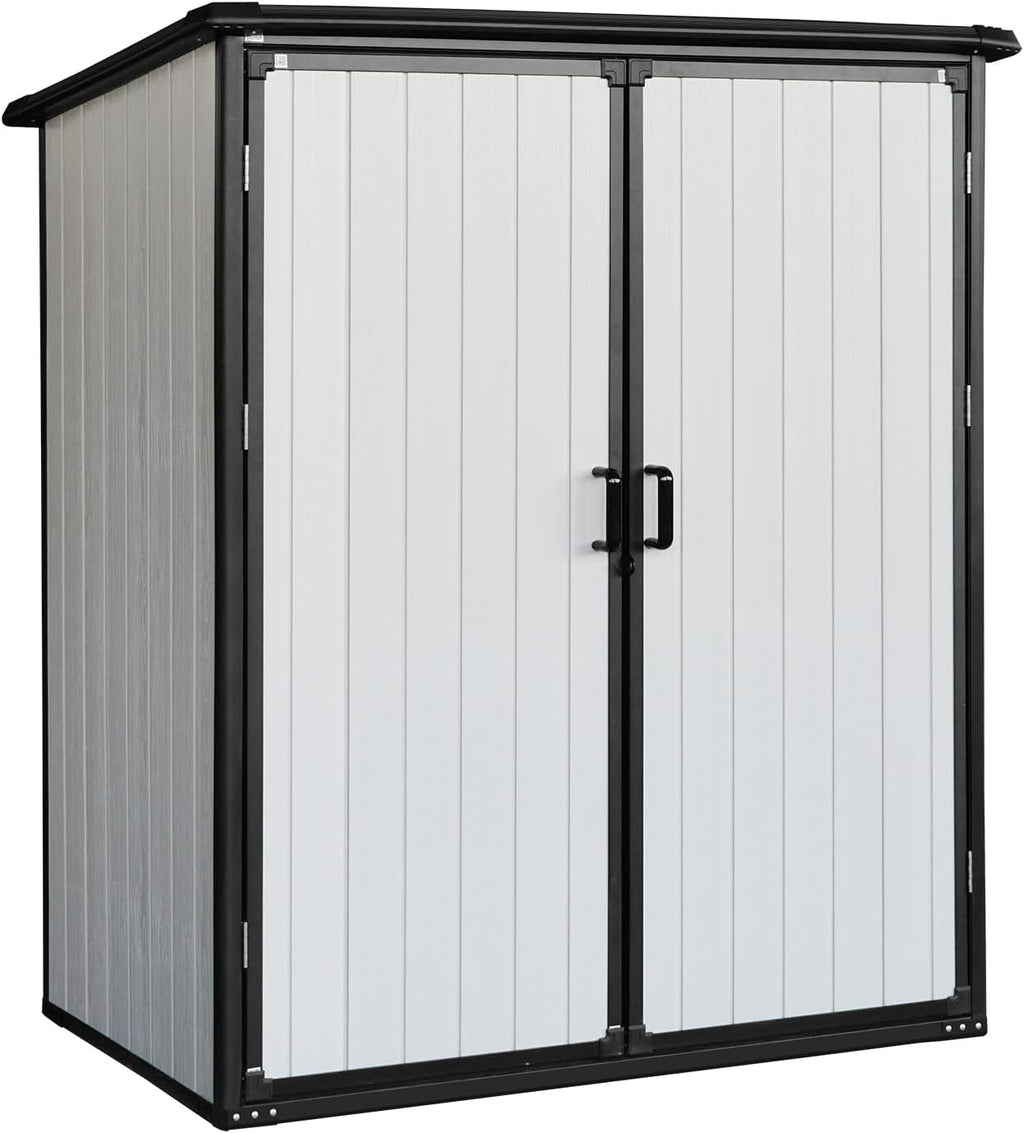 5x3 Resin Outdoor Storage Shed with Floor, Vertical Plastic Storage Cabinet with Lockable Doors, All-Weather Garden Tool Shed for Bikes and Patio Furniture (White)