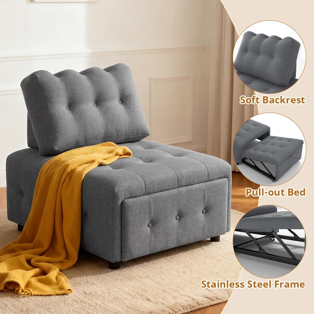 CMOHOMA Sleeper Sofa Bed,Convertible Pull Out Couch with Adjustable Backrest,Linen Chaise Lounge Chair,Sectional Couches for Living Room,Bedroom,Apartmen,Gray