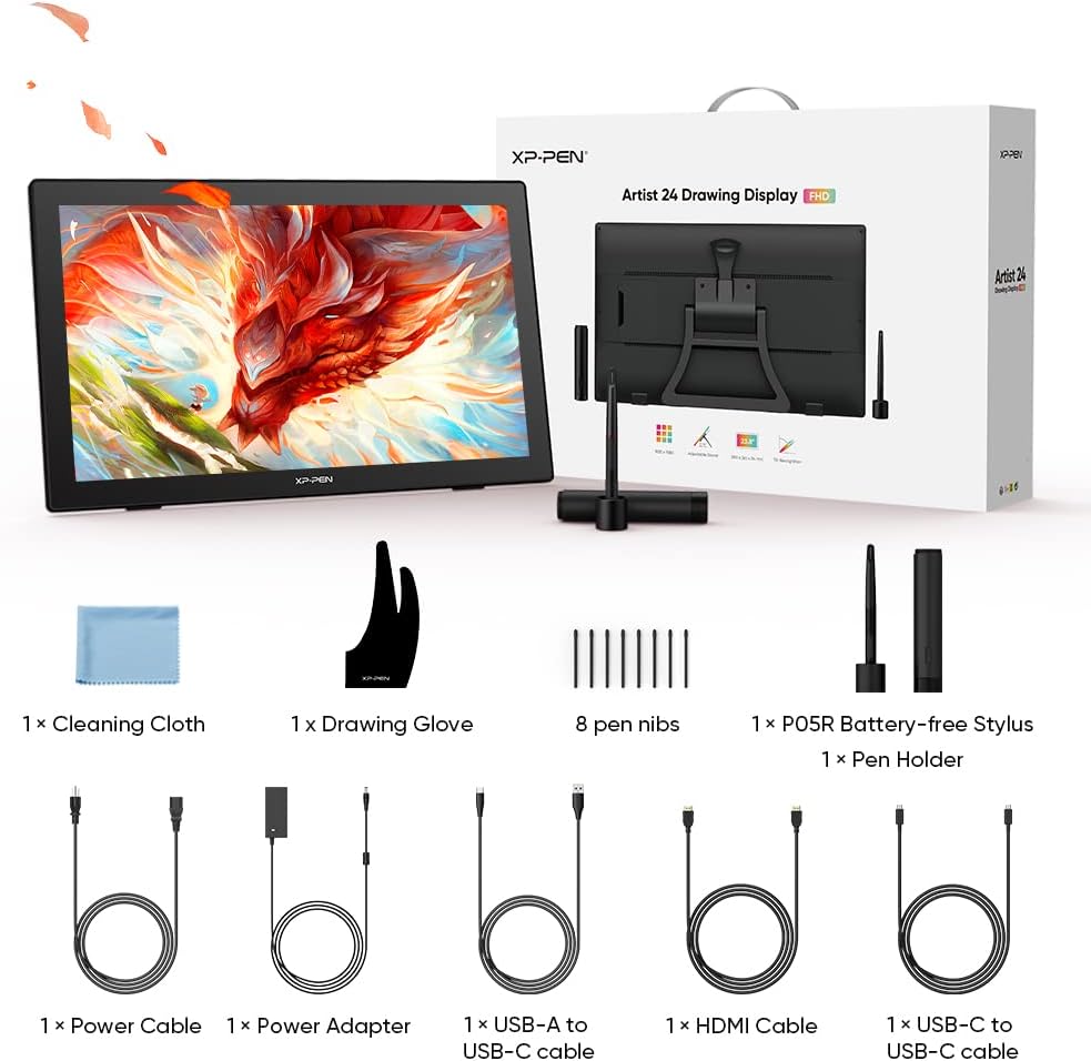 XPPen Artist24 FHD Drawing Tablet with Screen - 23.8' Drawing Monitor Full-Laminated Pen Display with 8192 Pressure Levels and Battery-Free Pen, Adjustable Stand for Digital Drawing and Animation