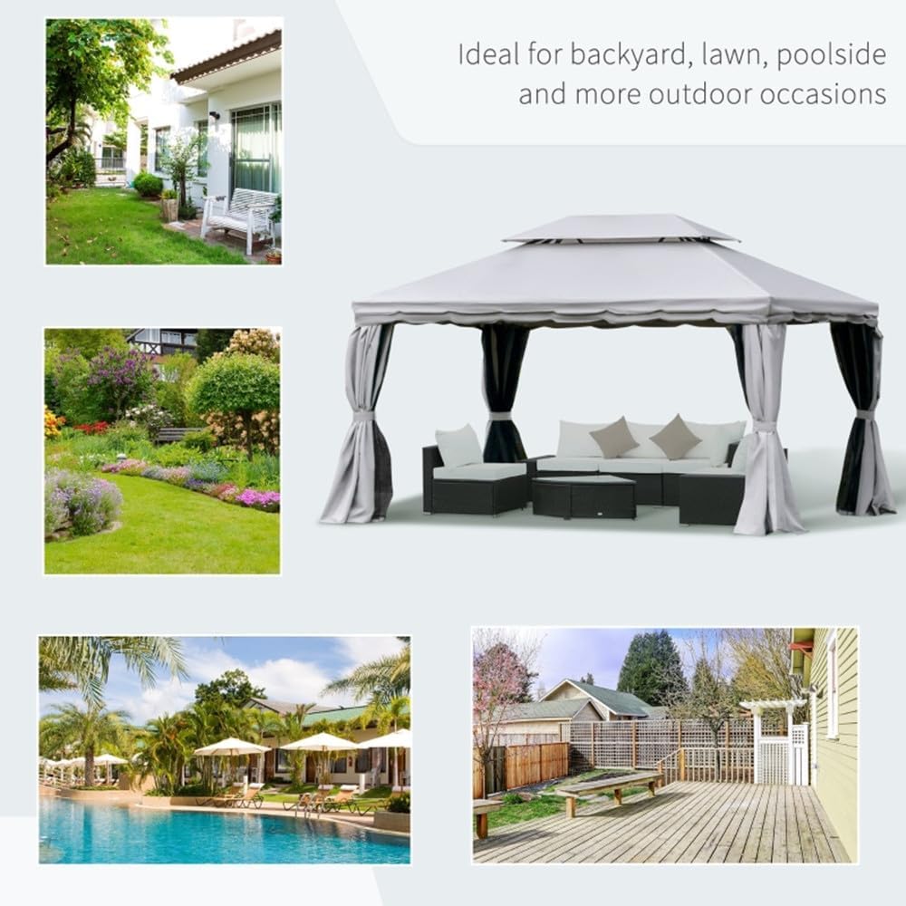 amopacorp 10x13 FT Gazebo Polyester Hardtop Double Roof Canopy Outdoor with 8 Stakes and Shaded Curtains Aluminum Frame Garden Tent for Patio, Backyard, Deck and Lawns, Grey