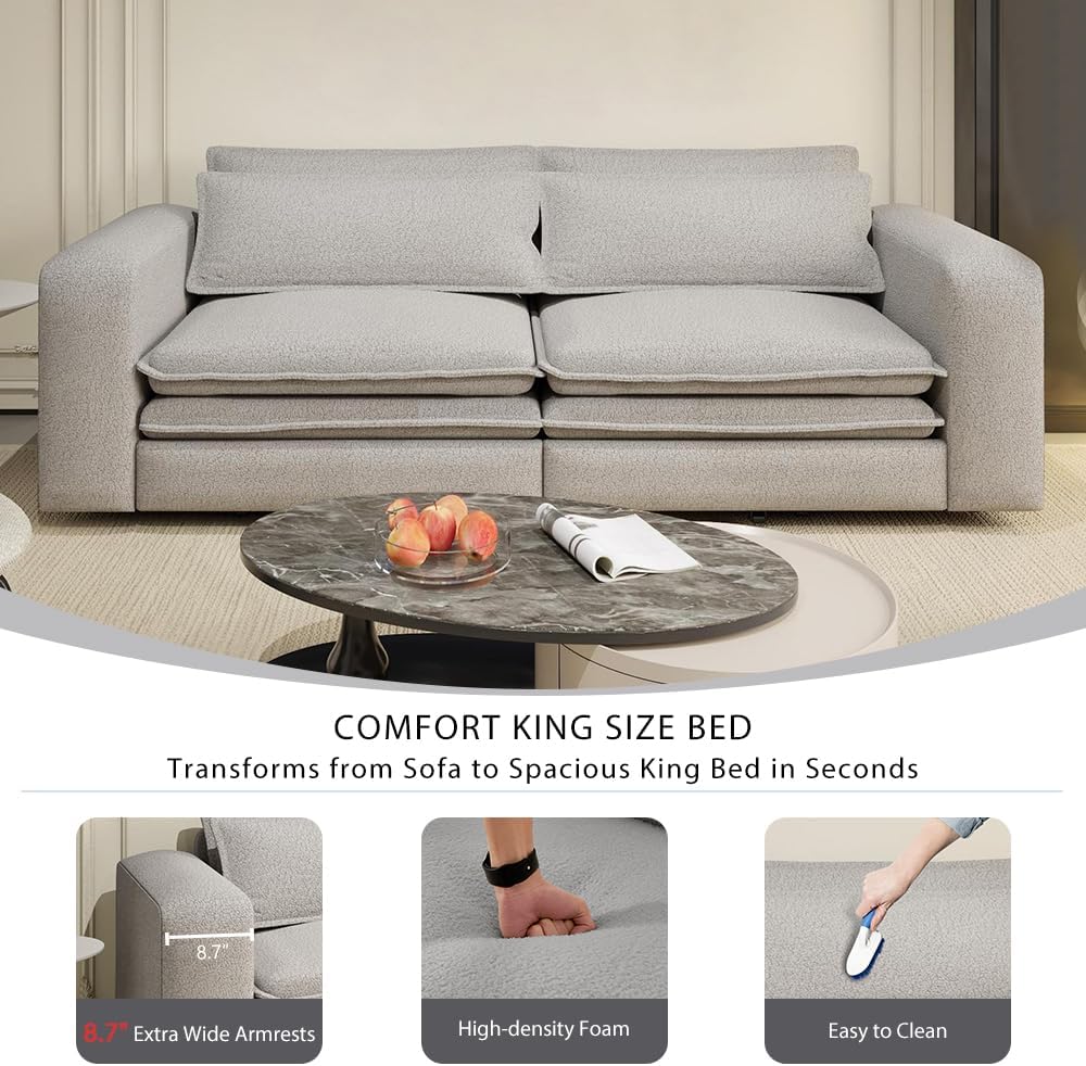 93' Sleeper Sofa Bed King Size, Teddy Pull Out Couch, 3 in 1 Convertible Futon Couches, Modern Deep Seat Daybed with 2 Pillows, Recliner Loveseat for Living Room, Apartment, Office, Grey