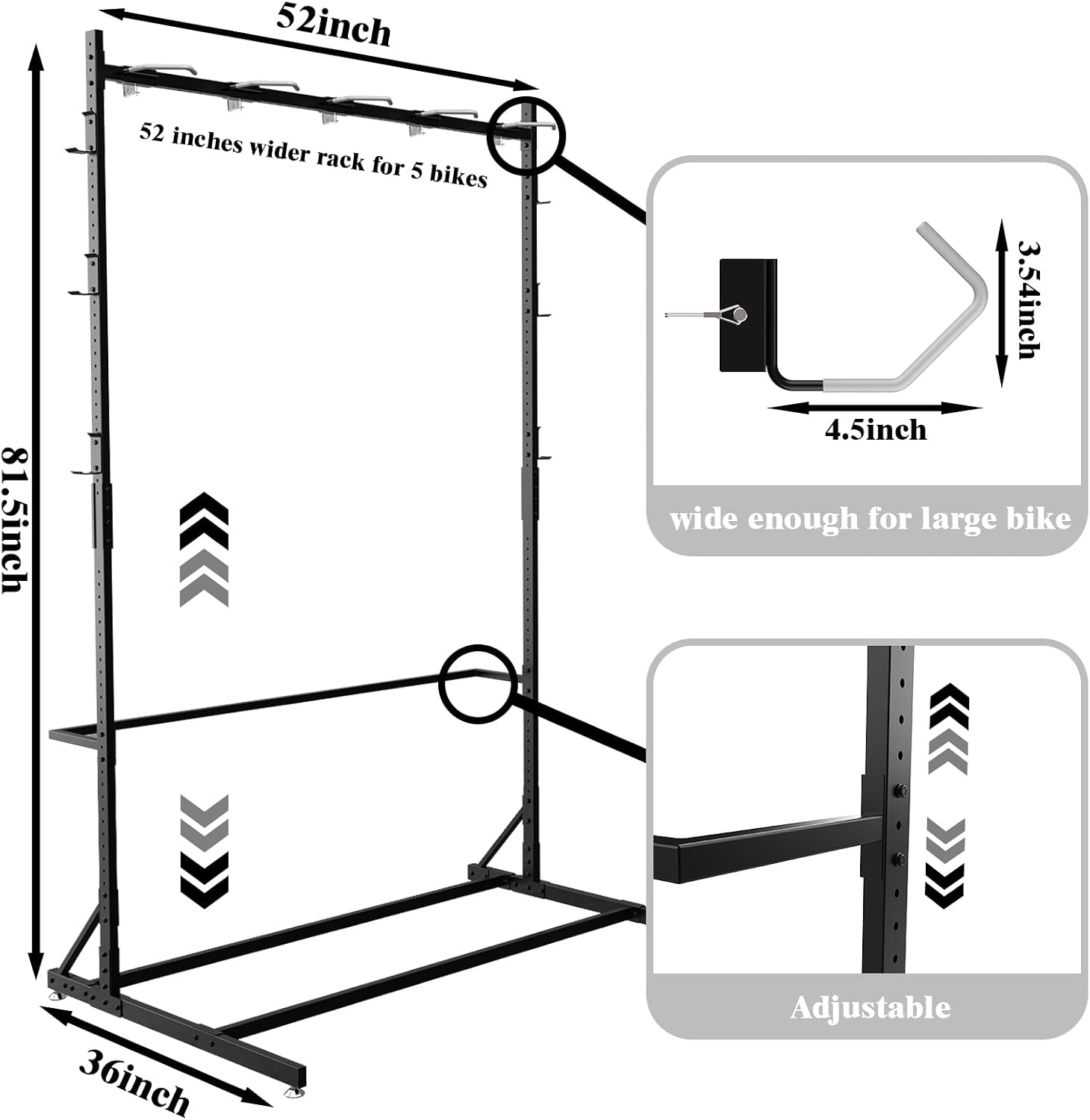 Freestanding Bike Storage Rack for 5 Bikes, 52' Wide Steel Vertical Bike Rack with 5 Bike Hooks & 6 Hooks for Helmet Storage, Bike Racks for Home and Garage, Indoor Floor Bike Stand