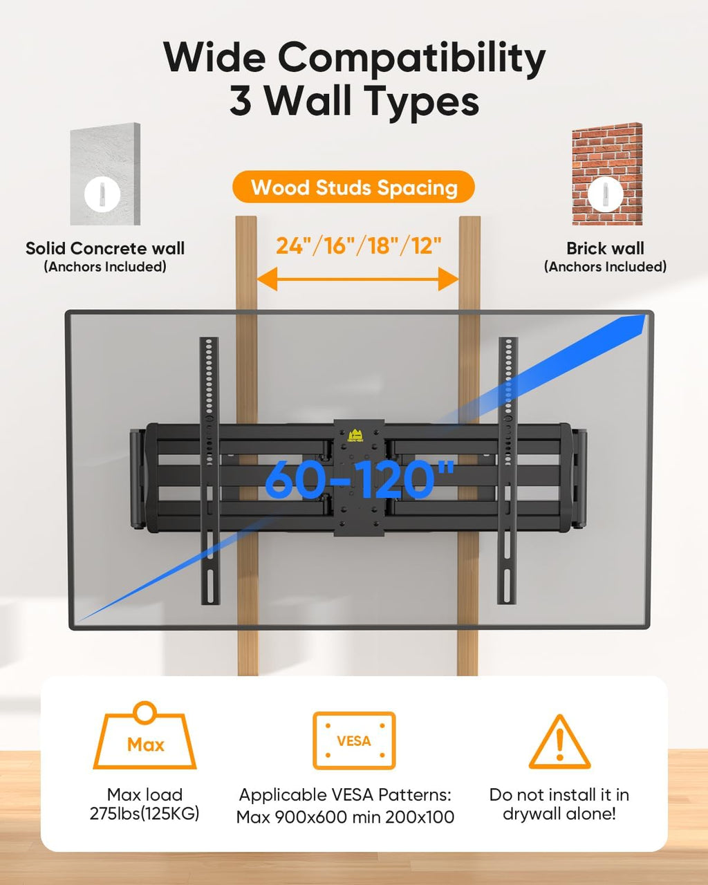 FORGING MOUNT Heavy Duty XXL Full Motion TV Wall Mount for 55-120 inch Extra Large TVs 98' 100',Holds 275 lbs, Max VESA 900x600, 42.9' Extension Long Arm TV Mount Swivel,Tilt,Preassembled,16-24' Studs
