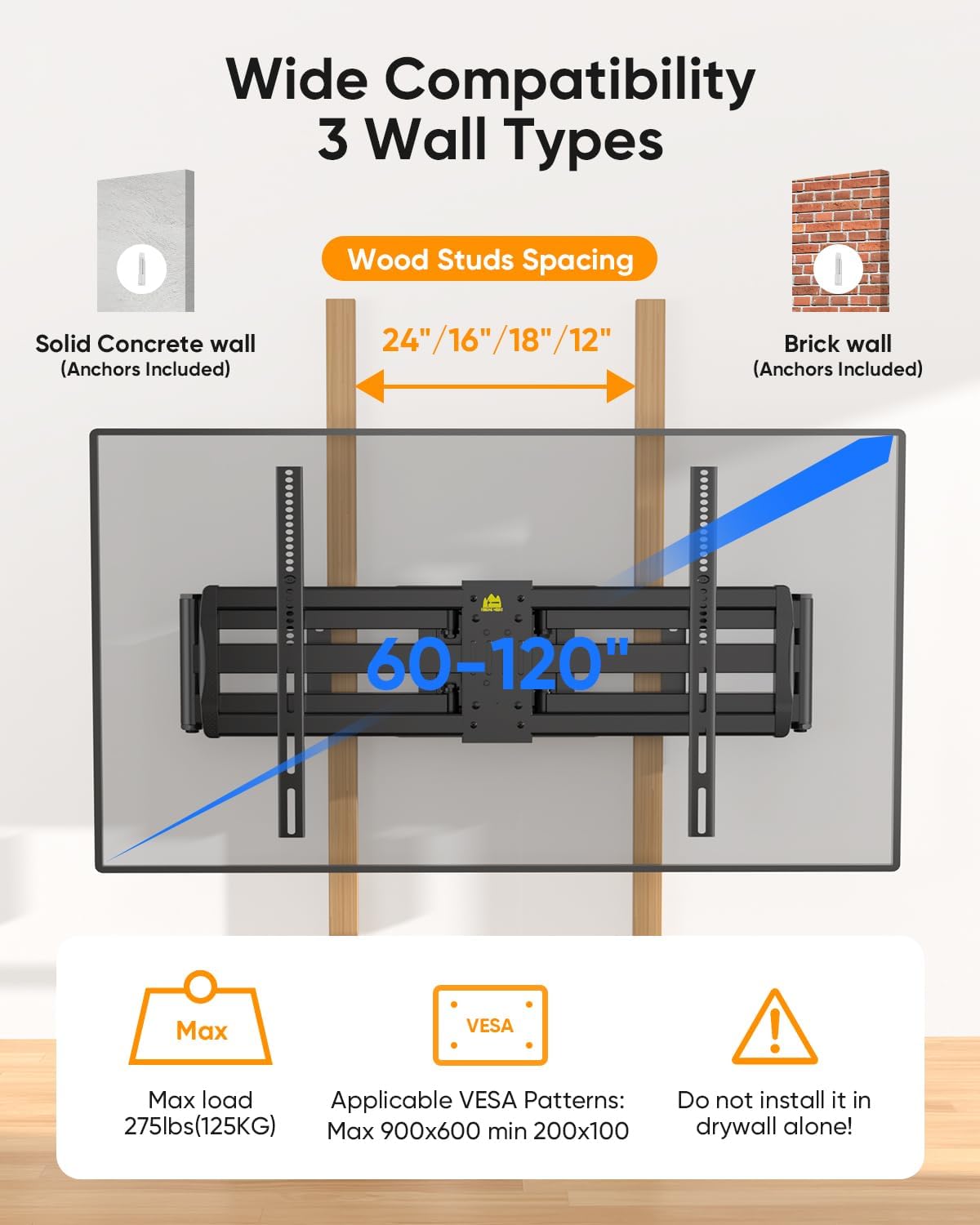 FORGING MOUNT Heavy Duty XXL Full Motion TV Wall Mount for 55-120 inch Extra Large TVs 98' 100',Holds 275 lbs, Max VESA 900x600, 42.9' Extension Long Arm TV Mount Swivel,Tilt,Preassembled,16-24' Studs