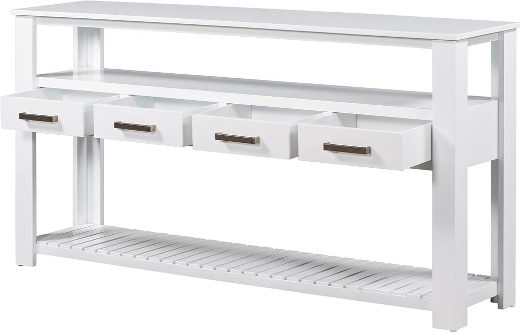 LKTART Console Table for Entryway with 4 Drawers,61.5'' Long Sofa Table with 3-Tier Open Shelves,Entry Table for Hallway,Foyer,Living Room,White