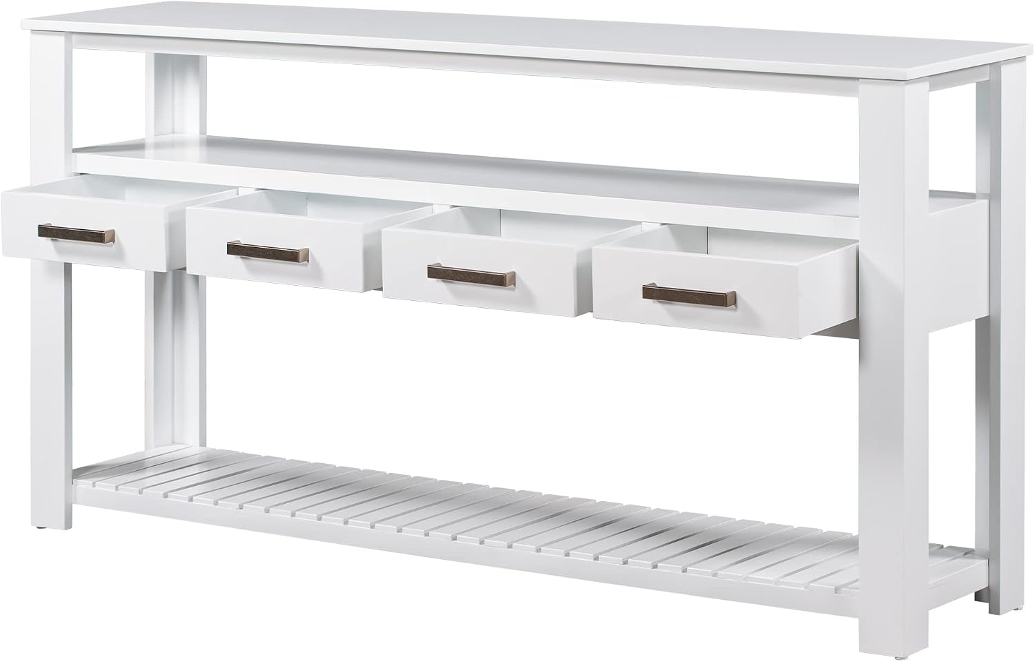 LKTART Console Table for Entryway with 4 Drawers,61.5'' Long Sofa Table with 3-Tier Open Shelves,Entry Table for Hallway,Foyer,Living Room,White