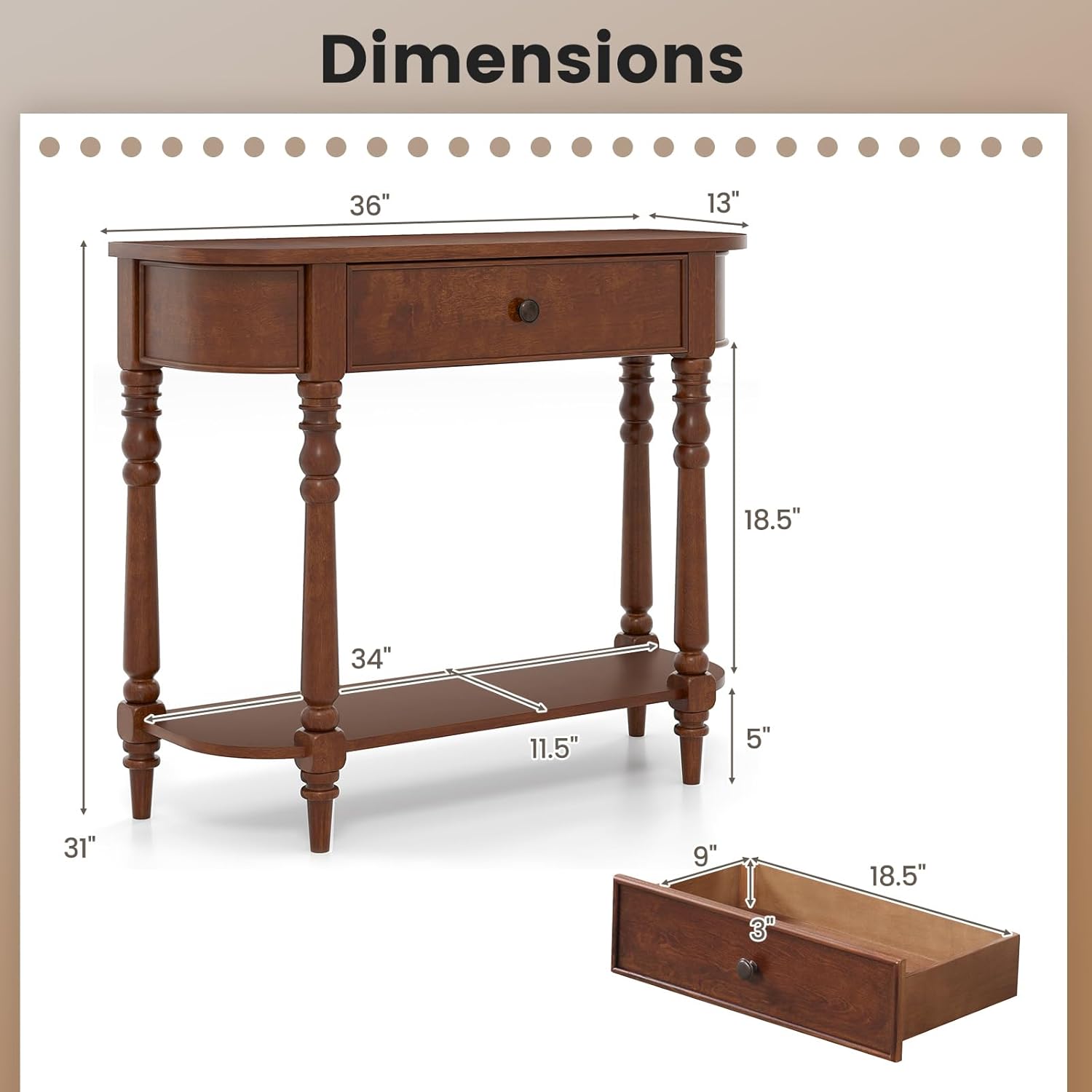 Giantex 2-Tier Console Table, 36' Retro Entryway Table with Storage Drawer & Elegant Legs, Narrow Wooden Sofa Table with Open Shelf for Living Room, Foyer, Hallway, Bedroom, Entrance (Brown)