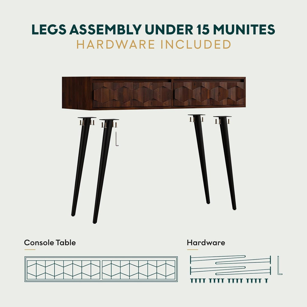 Bme Console Modern Mid-Century 2 Drawers, Unique Geometric Design Sofa Table for Entryway, Hallway, Living Room, Walnut