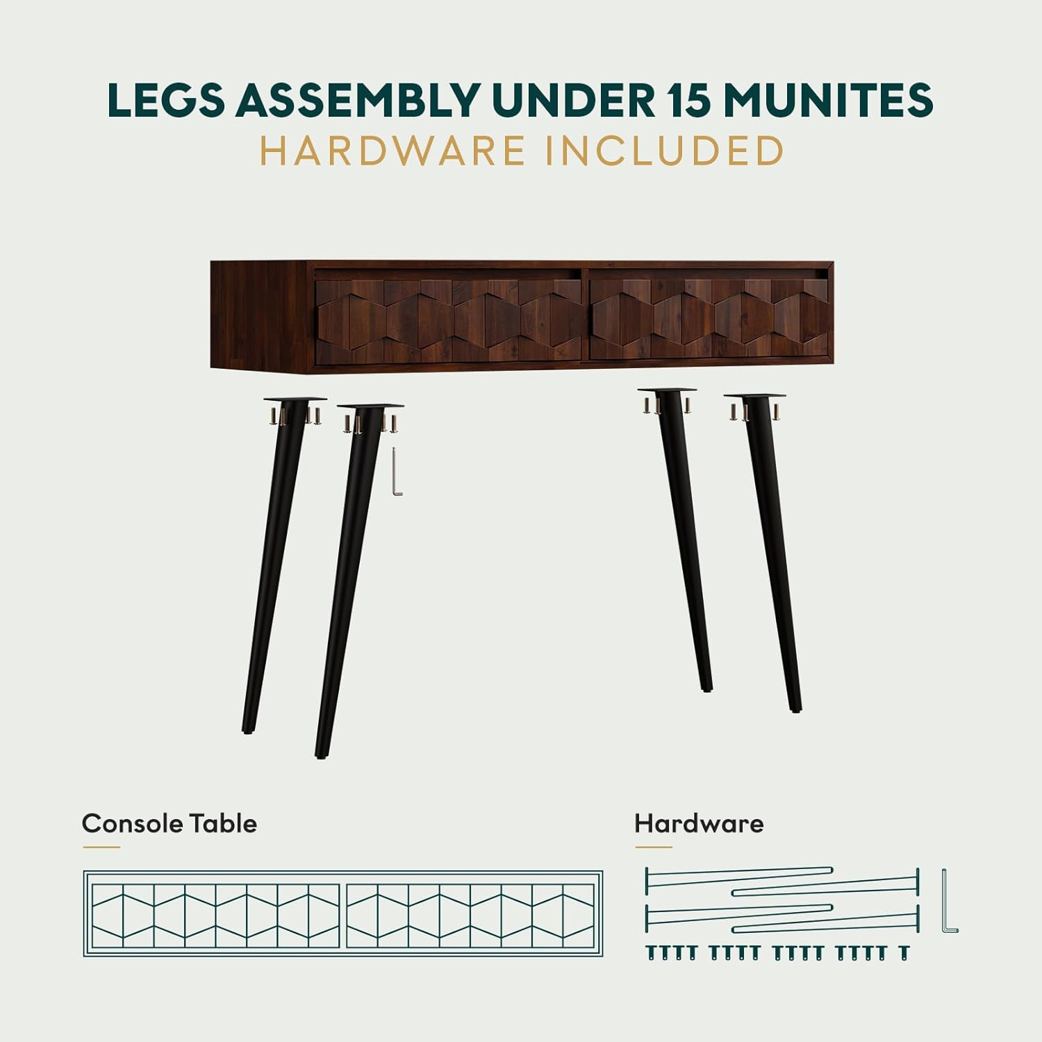 Bme Console Modern Mid-Century 2 Drawers, Unique Geometric Design Sofa Table for Entryway, Hallway, Living Room, Walnut