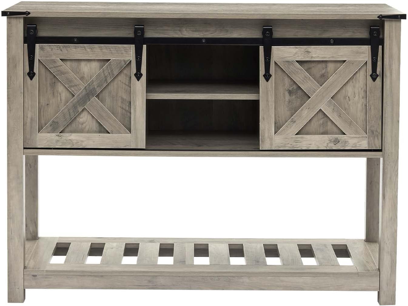 Farmhouse Entryway Table with Sliding Barn Doors, Wood Console Table with Storage Shelf, Rustic Sofa Table for Living Room, Entryway, Foyer, Grey