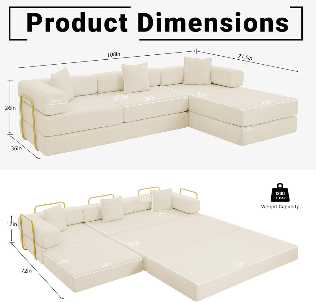 ivoros 108' Oversized Convertible Sleeper Sofa Bed, Corduroy L Shape Sectional Couch, Folding Sofa Bed with Fixed-Shape Frame, Modern Cloud Floor Mattress Couch, Modular Sofa for Living Room, Beige