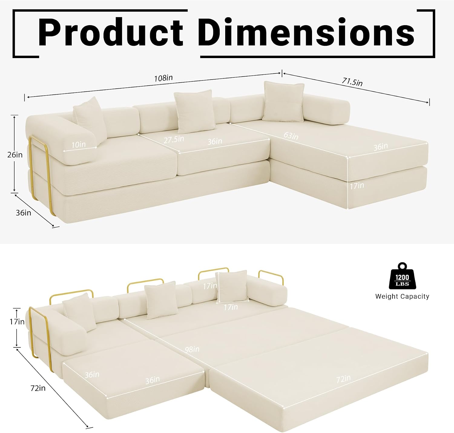 ivoros 108' Oversized Convertible Sleeper Sofa Bed, Corduroy L Shape Sectional Couch, Folding Sofa Bed with Fixed-Shape Frame, Modern Cloud Floor Mattress Couch, Modular Sofa for Living Room, Beige