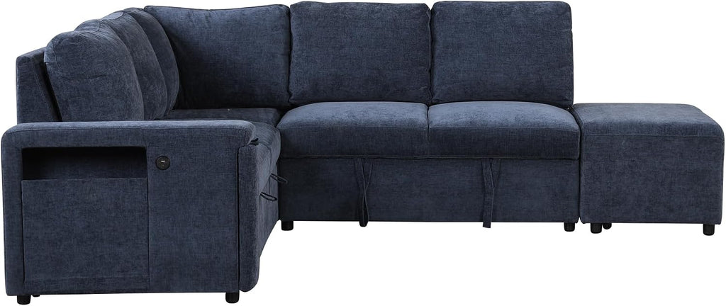 LUMISOL 90' Convertible Sleeper Sofa Bed with Pull-Out Bed & Ottoman, L-Shaped Sectional Sofa Bed with USB Ports, Cup Holders & Storage, Corner Sofa Couch with Storage Chaise for Living Room, Blue