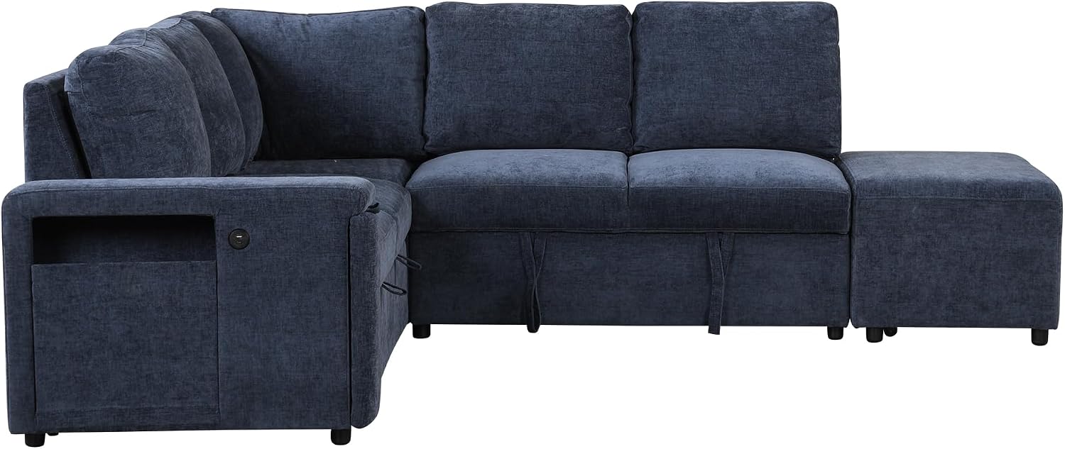 LUMISOL 90' Convertible Sleeper Sofa Bed with Pull-Out Bed & Ottoman, L-Shaped Sectional Sofa Bed with USB Ports, Cup Holders & Storage, Corner Sofa Couch with Storage Chaise for Living Room, Blue