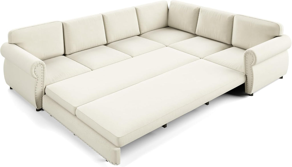 118'' Sleeper Sofa Bed, Convertible Pull Out Couch, Upholstered Sectional Sofa, Chenille L-Shaped Couch with Nailhead Trim, 6-Seater Modern Sectional Couches for Living Room, Apartment, Beige
