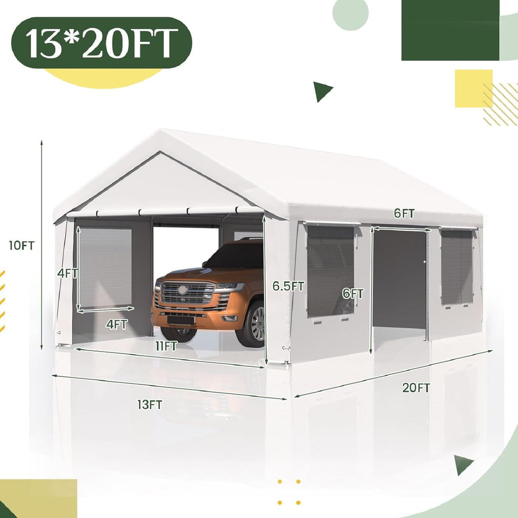 EROMMY 13' x 20' Heavy Duty Carport, Portable Garage with Removable Sidewalls, Shelter with Roll-Up Windows, All-Season Car Canopy for Truck, Boat, Tractor, White