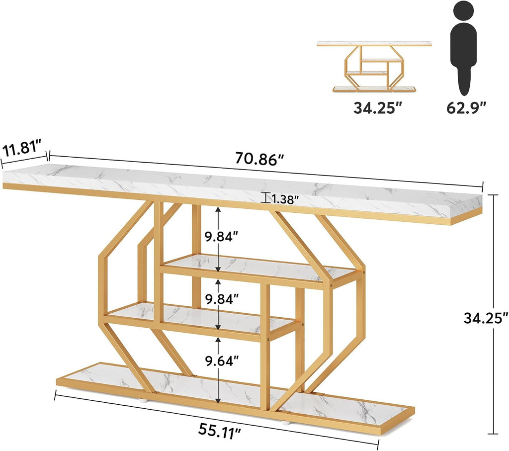 Tribesigns 70.9 inch Extra Long Console Table, Modern Gold Sofa Table Behind Couch with Storage, 4 Tier Entryway Accent Table for Living Room, Hallway, Entrance, Faux Marble White
