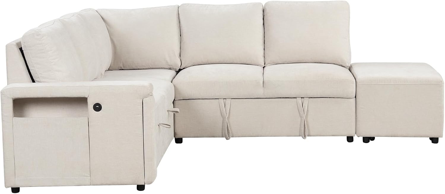 LUMISOL 90' Convertible Sleeper Sofa Bed with Pull-Out Bed & Ottoman, L-Shaped Sectional Sofa Bed with USB Ports, Cup Holders & Storage, Corner Sofa Couch with Storage Chaise for Living Room, Beige