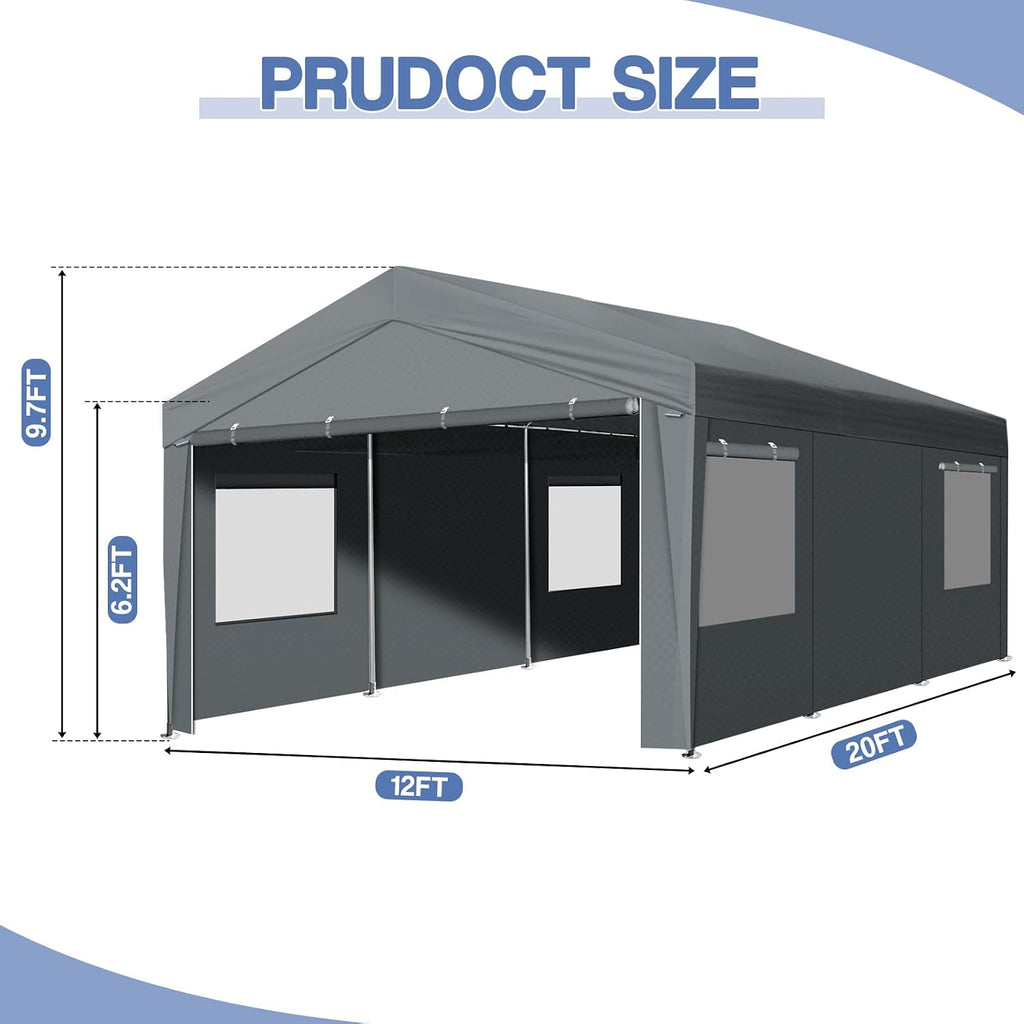 VINGLI 12 x 20 ft Outdoor Portable Storage Shed, Heavy Duty Bike Tent with Roll-up Zipper Door & Windows, Waterproof and UV Resistent Carport for Motorcycle, Garden Tools and Firewood