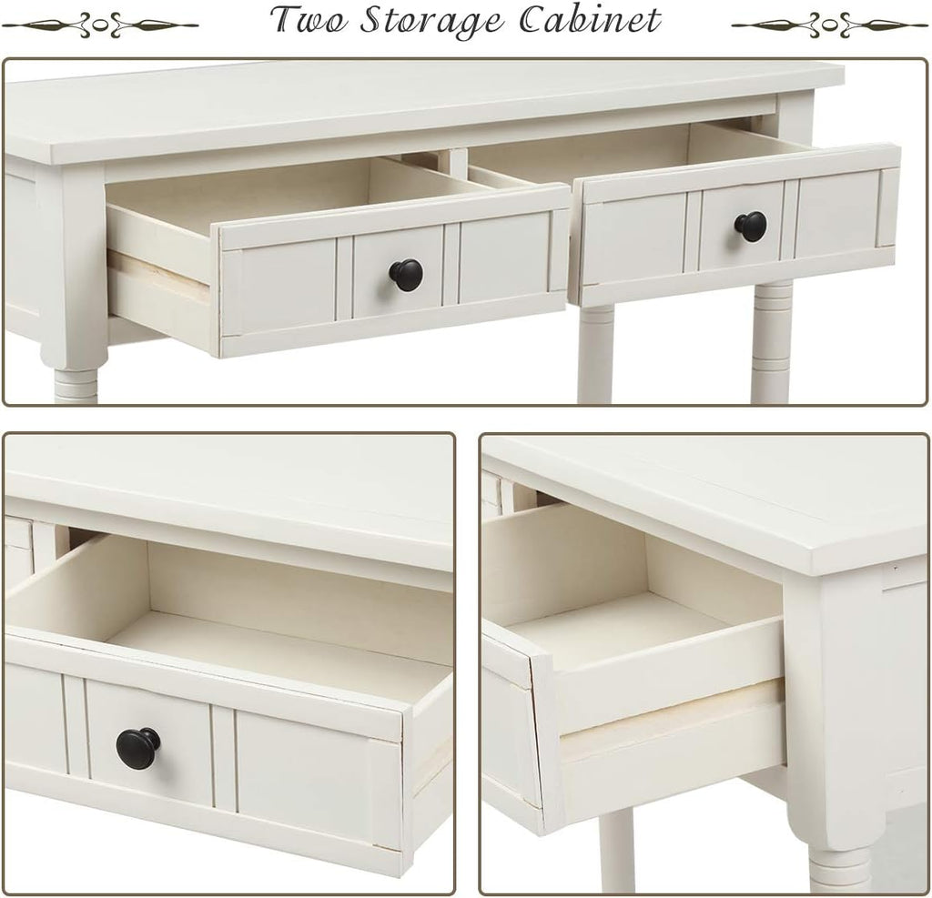 Knocbel 35.5 Inch Antique Entry Console Table with Drawers & Bottom Open Shelf, Solid Wood Sofa Couch Table for Entryway Hallway Living Room (Ivory White)