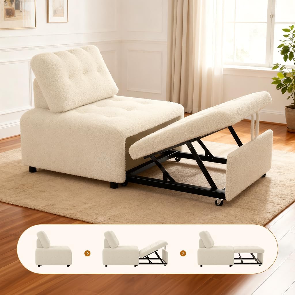 CMOHOMA Sleeper Sofa Bed,Convertible Pull Out Couch with Adjustable Backrest,Teddy Chaise Lounge Chair,Sectional Couches for Living Room,Bedroom,Apartment,Beige