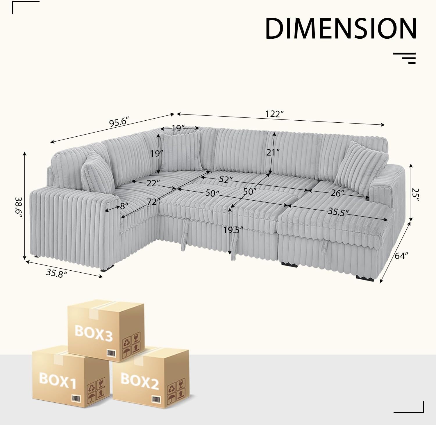 Oversized Sectional Sleeper Sofa with Pull Out Bed,3 Pillows,Type-C USB Port,Storage Chaise Lounge,U-Shaped 7 Seat Fuzzy Rabbit Plush Large Sectional Sofa Bed for Living Room,122 Inch,Grey