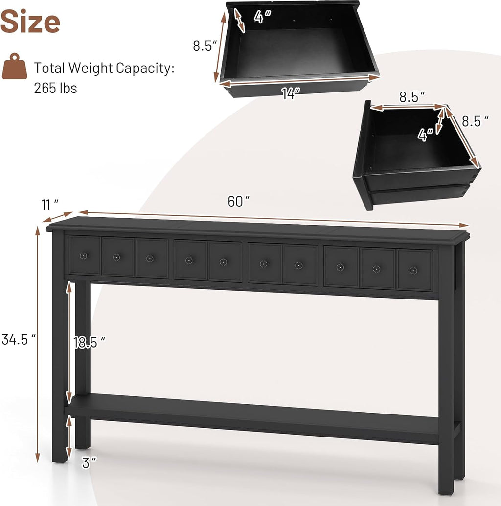 Giantex Narrow Console Table with Storage - 60' Long Sofa Side Table w/ 4 Drawers & Open Shelf, Solid Wood Legs, Rectangular Entry Table, Retro Entryway Table for Living Room Hallway, Foyer, Black
