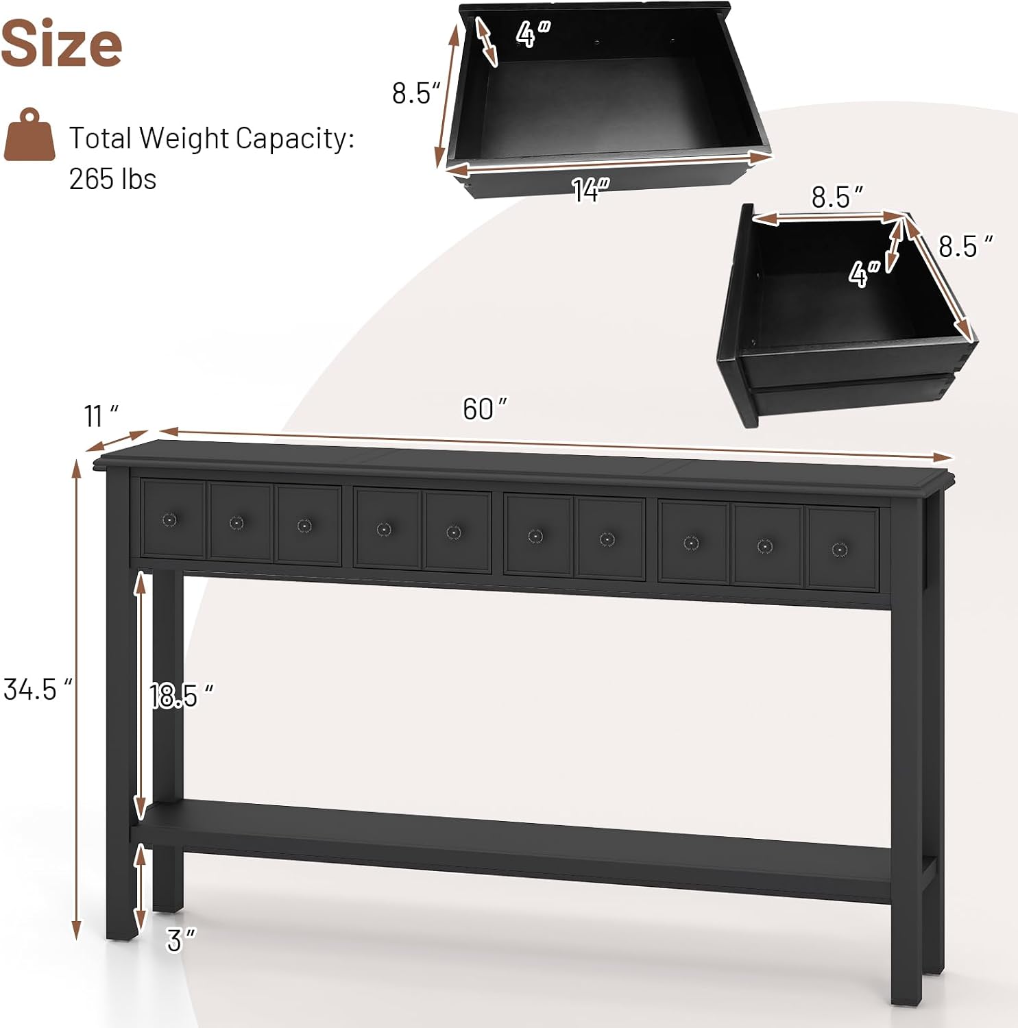 Giantex Narrow Console Table with Storage - 60' Long Sofa Side Table w/ 4 Drawers & Open Shelf, Solid Wood Legs, Rectangular Entry Table, Retro Entryway Table for Living Room Hallway, Foyer, Black