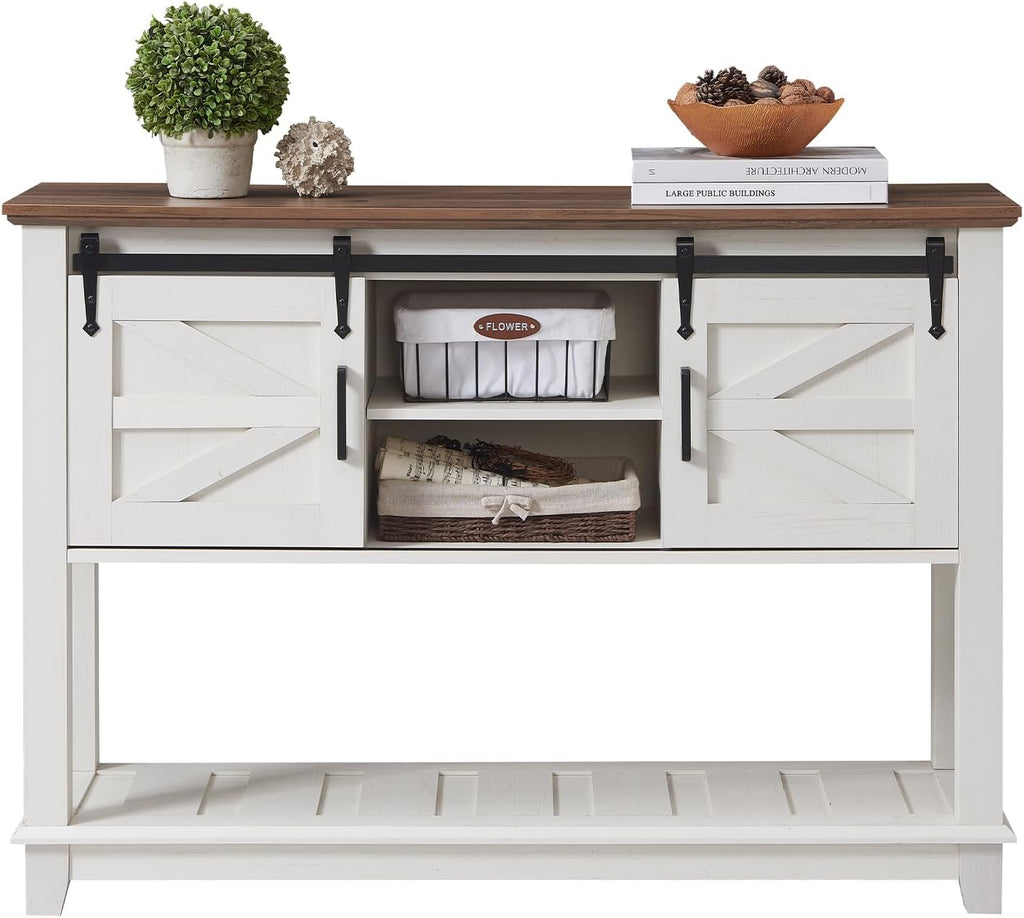 AMERLIFE Sofa Table with Sliding Barn Doors, TV Console Table, 46' Farmhouse Rustic Storage Entryway Table, Adjustable Open Shelves, Hallway, Living Room, Bedroom, Antique White