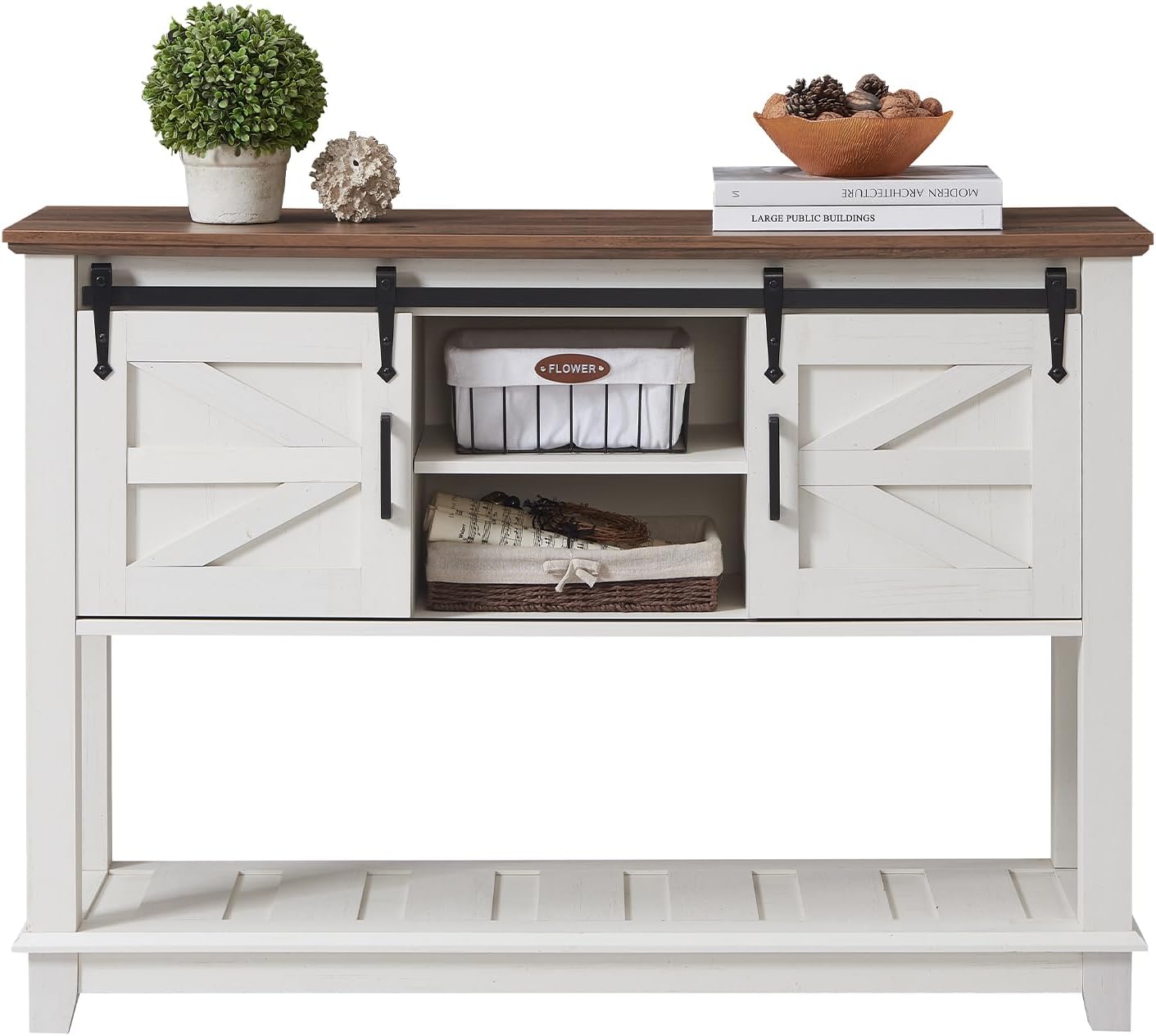 AMERLIFE Sofa Table with Sliding Barn Doors, TV Console Table, 46' Farmhouse Rustic Storage Entryway Table, Adjustable Open Shelves, Hallway, Living Room, Bedroom, Antique White