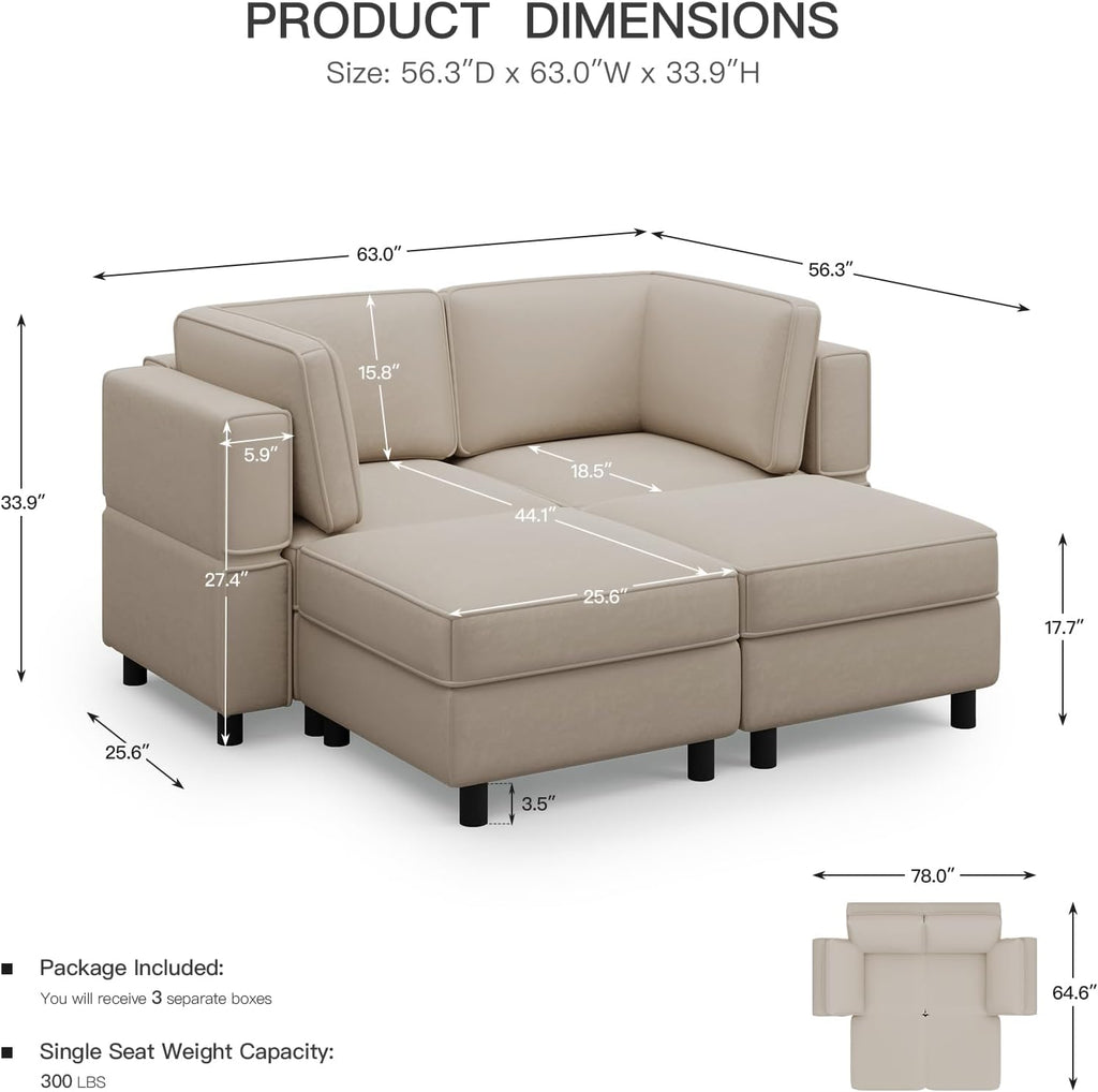 Belffin 63' Modular Sectional Sofa,Couch with Deep Seat,Convertible 4 Seat Sleeper Sofa with Movable Storage Ottoman Chaise,Upholstered Comfy Sectional Couches for Living Room,Grey Velvet