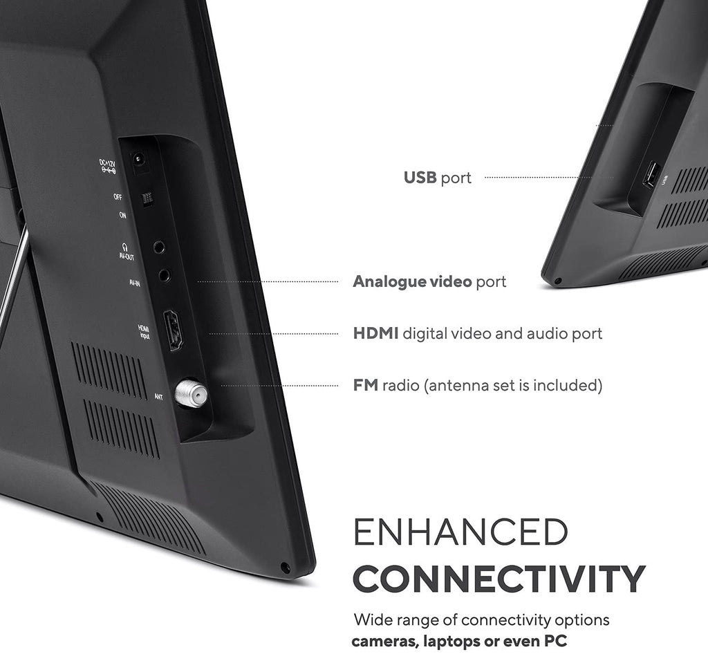 Tyler 16' Portable TV LCD Monitor Battery Powered Wireless Capability HD-TV, HDMI, USB, RCA, AC/DC, FM Radio, Car Charger, Remote Control, Built in Stand Small Mini for Car & Traveling