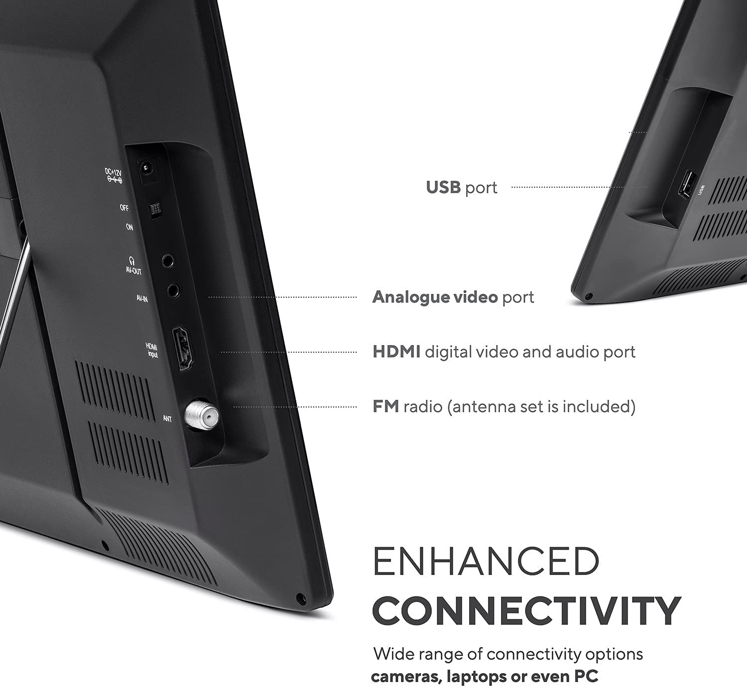 Tyler 16' Portable TV LCD Monitor Battery Powered Wireless Capability HD-TV, HDMI, USB, RCA, AC/DC, FM Radio, Car Charger, Remote Control, Built in Stand Small Mini for Car & Traveling