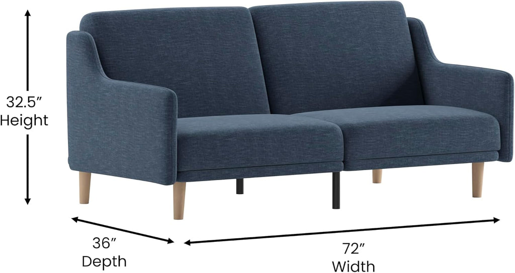 Flash Furniture Delphine Convertible Split Back Sofa Futon - Navy Faux Linen Upholstery - Solid Wood Legs - Curved Armrests - Sleeper Couch for Small Spaces
