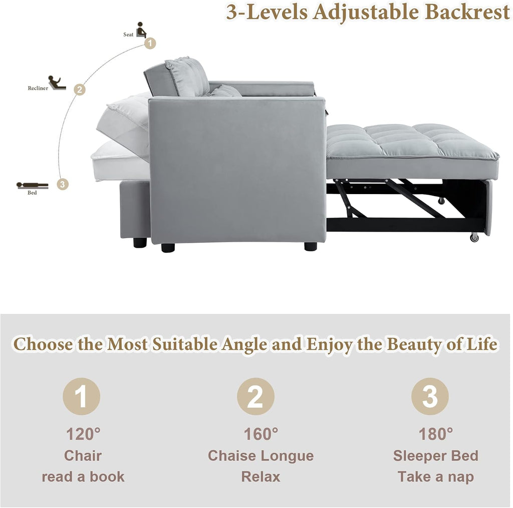 weselon Velvet Convertible 3 in 1 Sleeper Sofa Bed, Small Upholstered Loveseat Pull Out Couch, Multi-Functional Sleeper Futon with Hidden Table and Adjustable Backrest for Living Room (Gray)