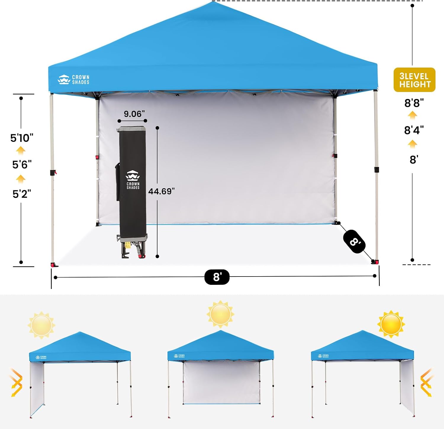 CROWN SHADES Pop Up Canopy with 1 Side Wall - Beach Tent with One Push Setup - Outdoor Sun Shade for Events, Parties, Camping - Gazebo with STO-N-Go Cover Bag, Sky Blue, 8x8FT