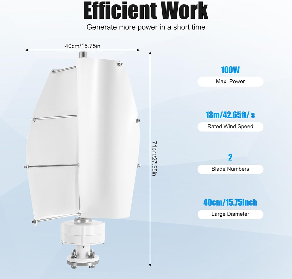 100W Wind Turbine, 12V Vertical Axis Wind Driven Generator with 2 Blades and Permanent Magnet Generator for Boats, Terrace, Marine, Motor Home, Chalet (100W,White)
