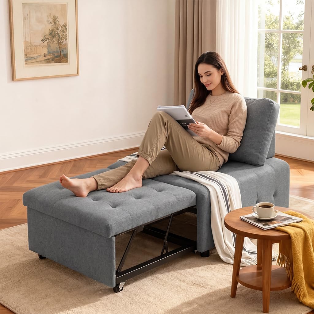 CMOHOMA Sleeper Sofa Bed,Convertible Pull Out Couch with Adjustable Backrest,Linen Chaise Lounge Chair,Sectional Couches for Living Room,Bedroom,Apartmen,Gray