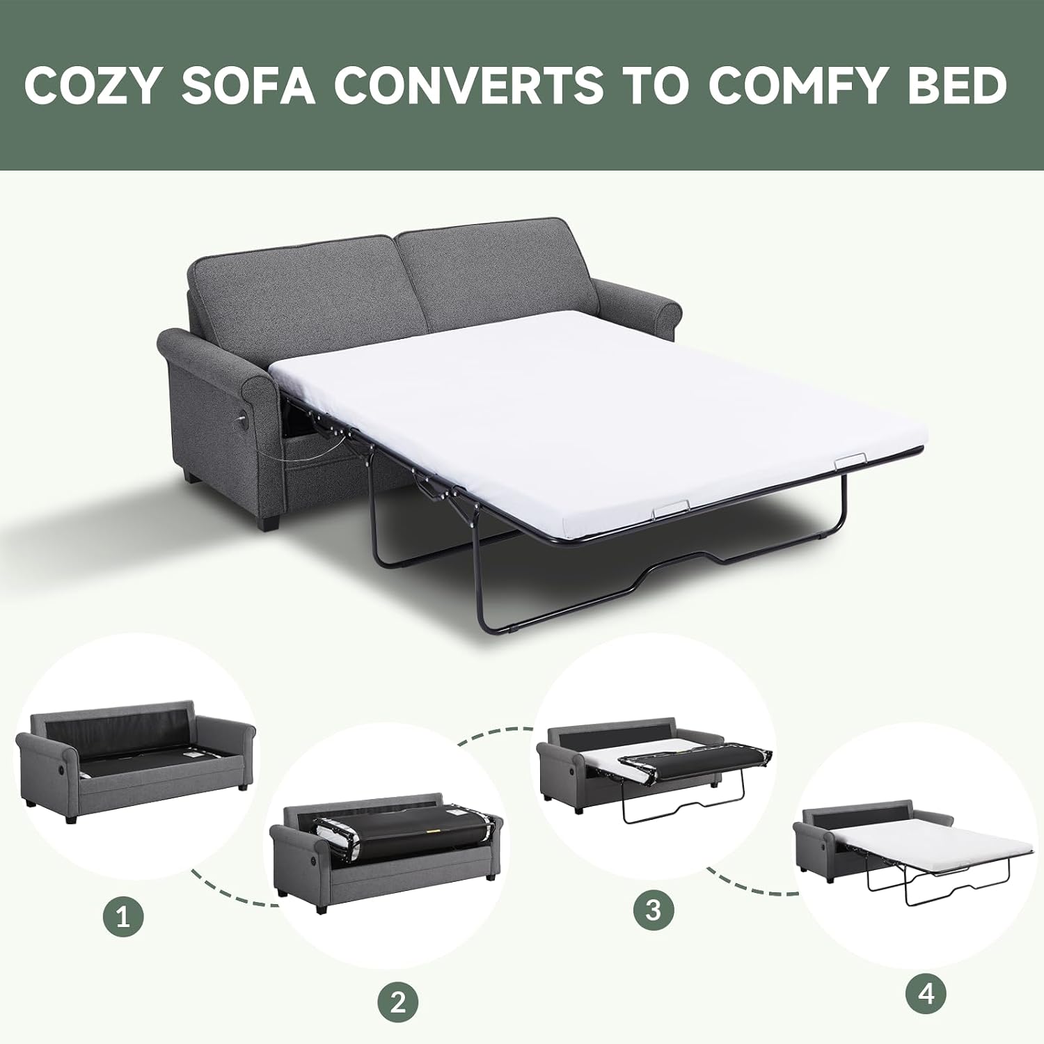 ONBRILL Pull Out Sofa Bed, 2-in-1 Full Size Convertible Sleeper Sofa Couch with Pull Out Bed, USB Charging Port, Hide a Mattress with Menmory Foam, Loveseat Couch for Living Room, Dark Grey