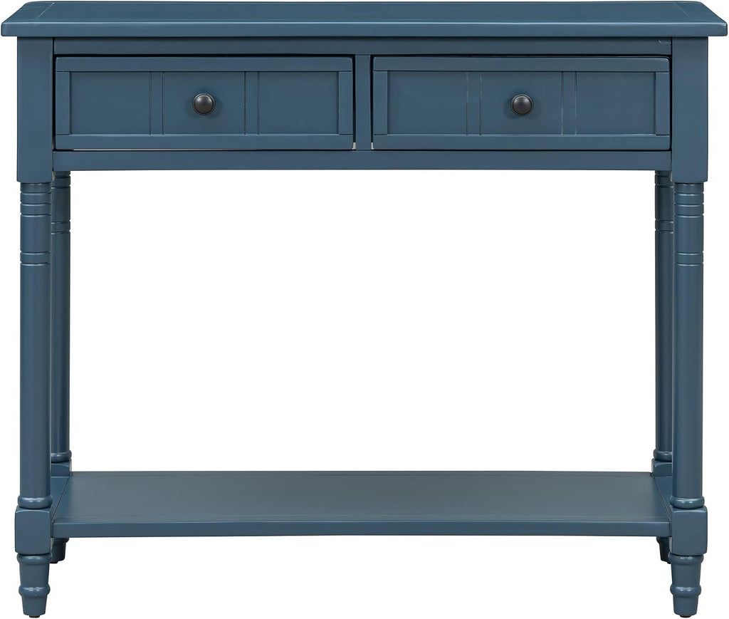 Knocbel Antique Entry Console Table with 2 Drawers & Bottom Open Shelf, Wood Sofa Tables for Entryway Hallway Living Room, 35.34' W x 13.8' D x 30.25' H, Dark Navy