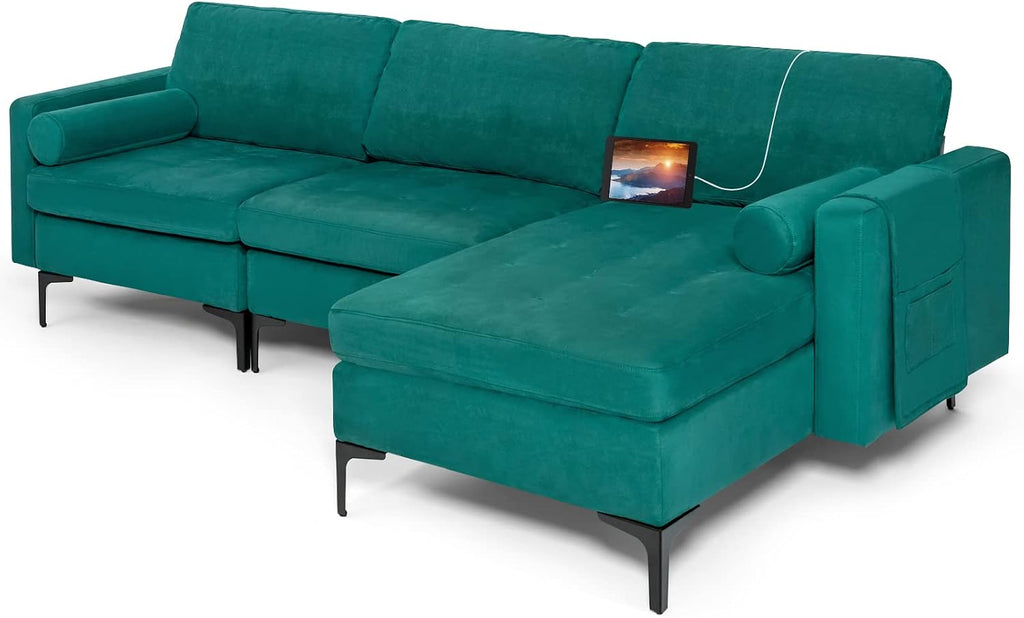 Giantex 97' Couch, Sectional Sofa, L-Shaped Modular Sleeper with Convertible Chaise Lounge, USB Ports, 3-Hole Socket, Hidden Storage Box, 2 Bolsters, Family Apartment Living Room Bedroom Office (Teal)