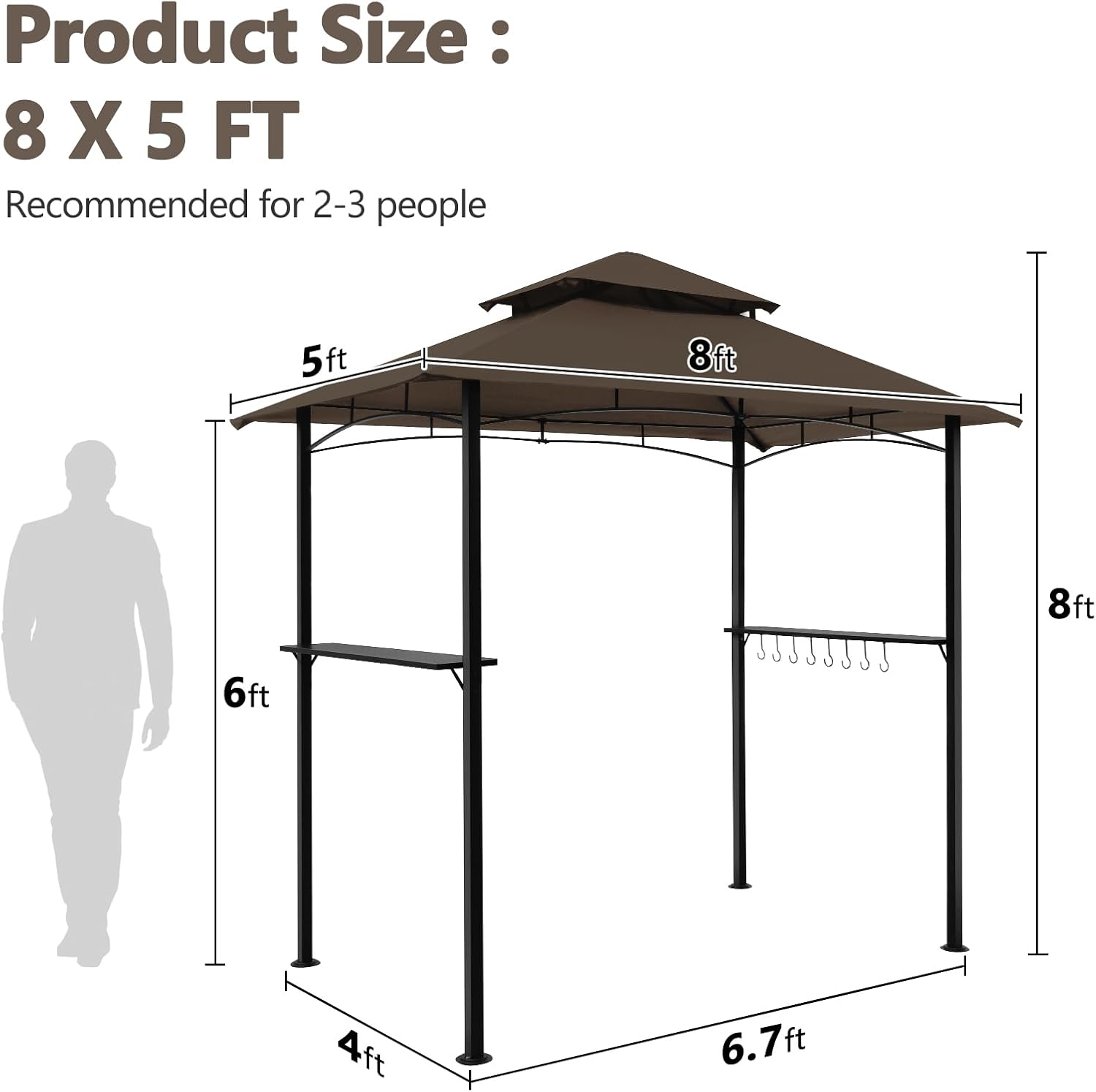 8x5 Grill Gazebo, Outdoor BBQ Grill Patio Canopy with 2 Handy Shelves & LED Lights, Double Roof Barbecue Gazebo Canopy (Brown)